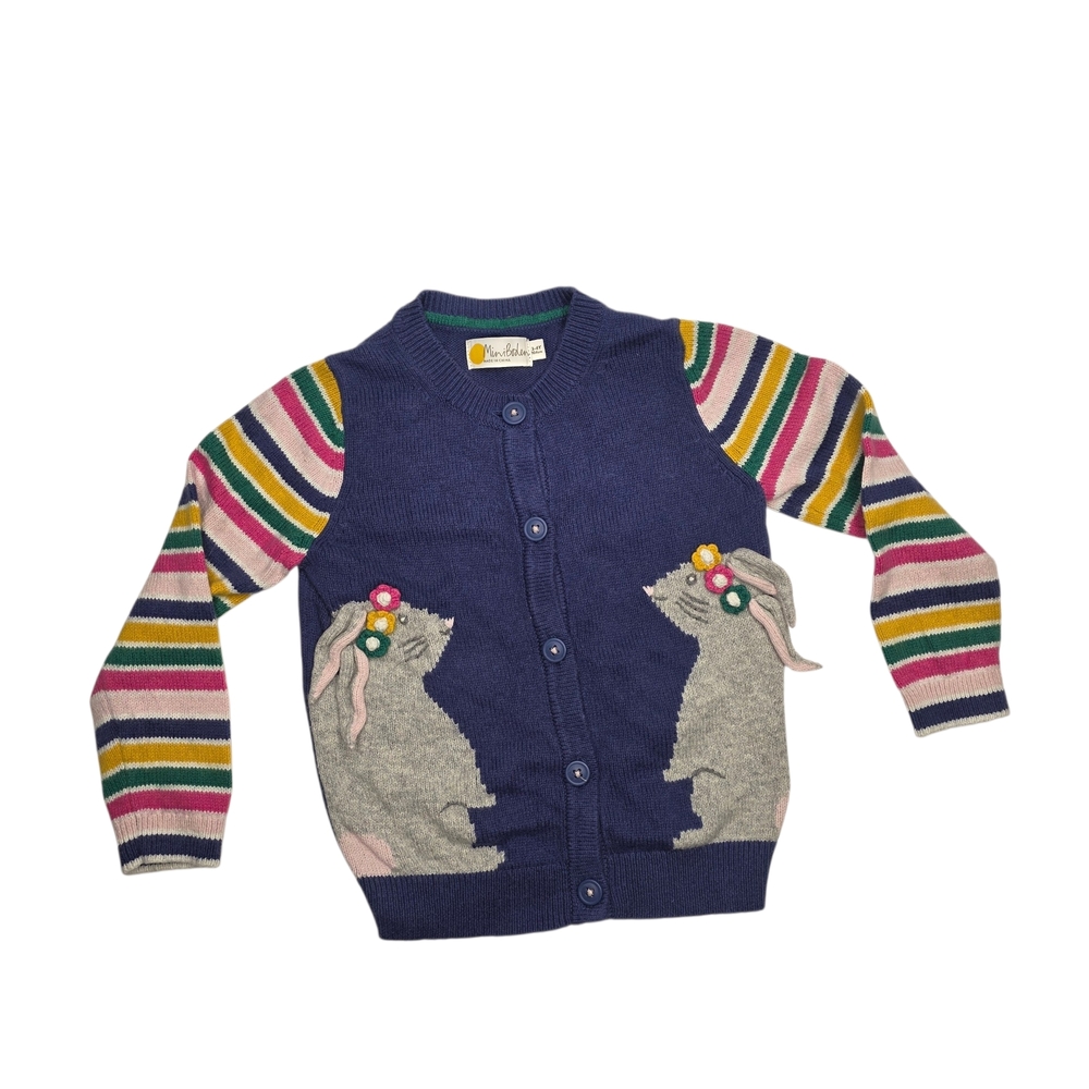 Mini Boden Girls Navy Easter Bunny Cardigan with Striped Sleeves- Size 3/4
